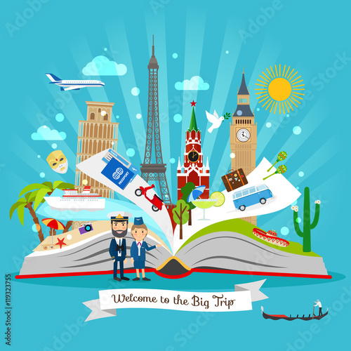 Travel book. Cartoon open tour guide book with vector trip elements