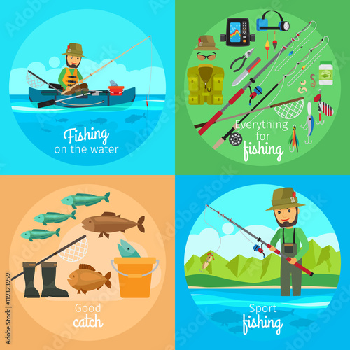 Fishing vector concept. Fisherman in boat with fishing gear and rod with bait on the hook