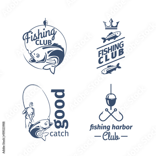 Vector fishing club emblems. River fish catching logo set with perch and fisherman