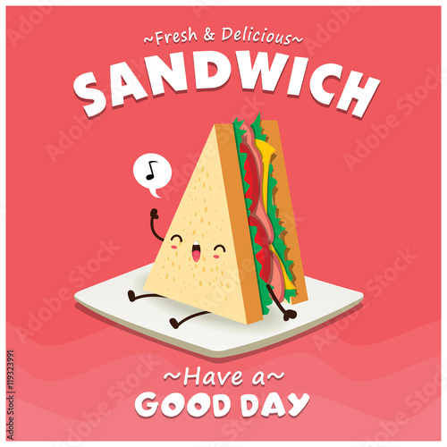 Vintage sandwich poster design with vector sandwich character. 