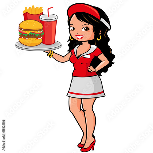 Fast food waitress serving a hamburger, fries and drink. Vector illustration