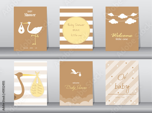 Set of baby shower invitations cards,poster,greeting,template,stork,Vector illustrations