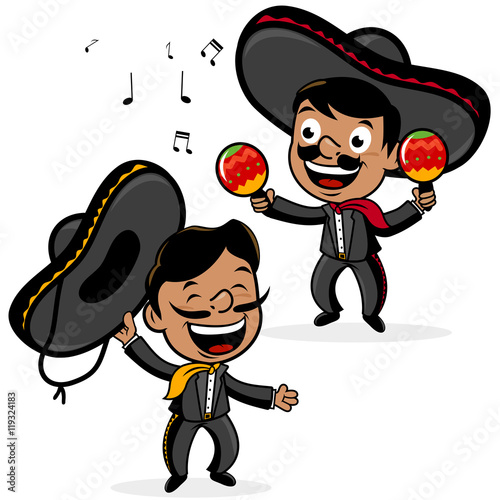 Mexican mariachi men playing the maracas and singing. Vector illustration