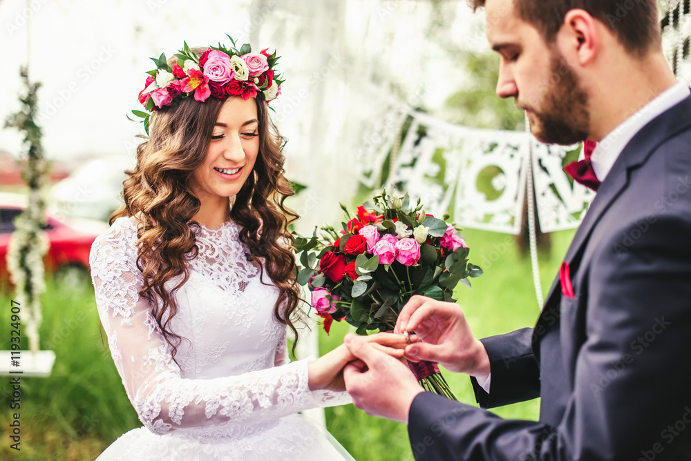 Bride and groom puts ring