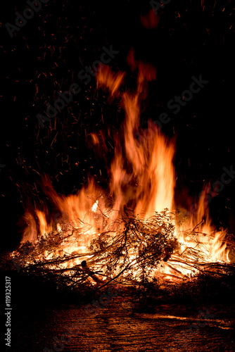 Branches on fire. Flames and sparkles on black background
