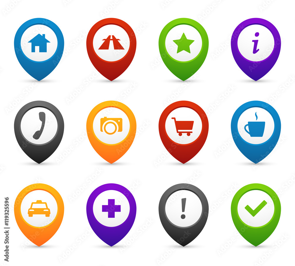 Mapping push pins with location icons for web and mobile application. Vector symbols set Mapping push pins with location icons for web and mobile application. Vector symbols set