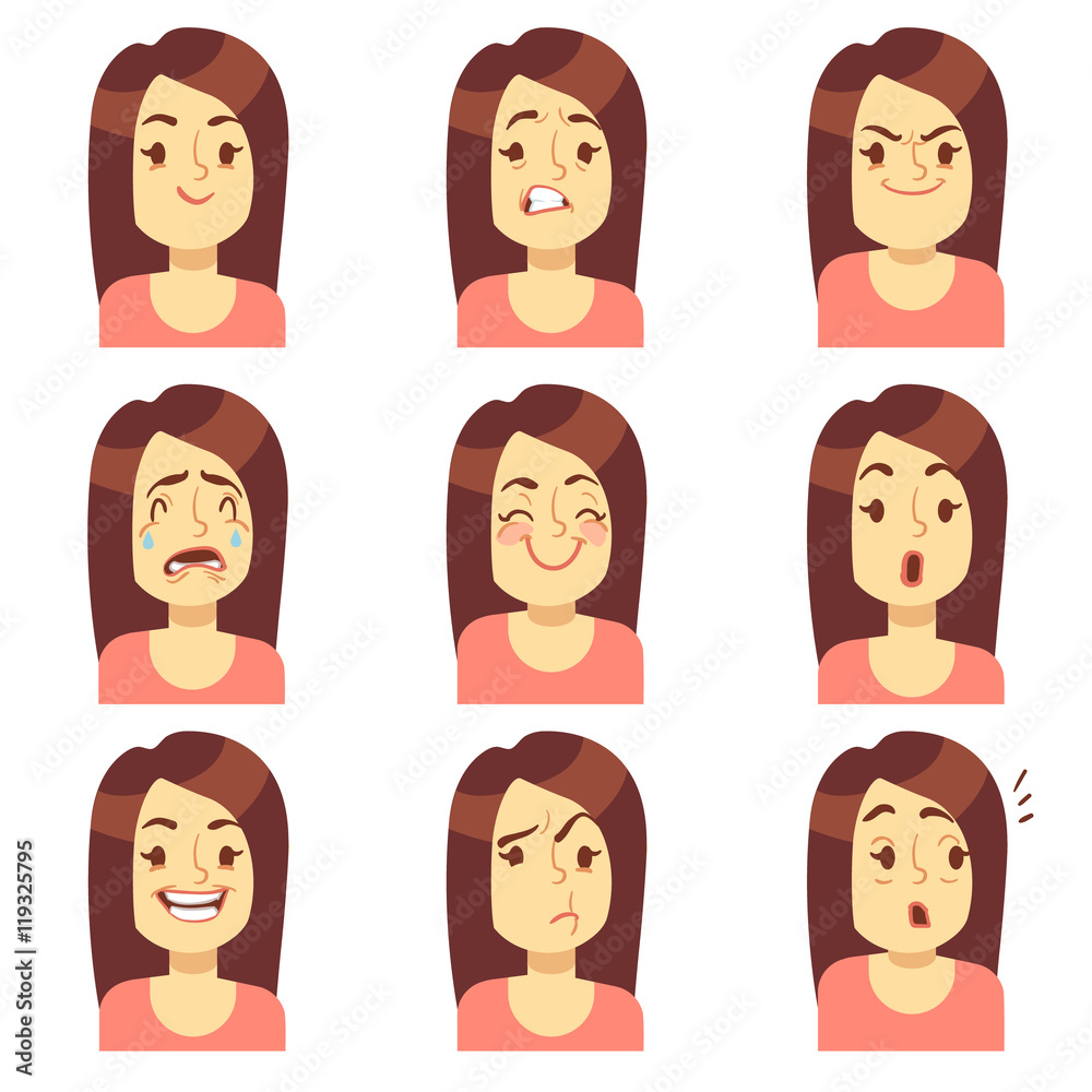 Woman, girl face emotions expression vector avatar icons Woman, girl face emotions expression vector avatar icons