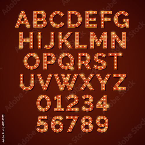 Retro light bulb bright alphabet, vector font