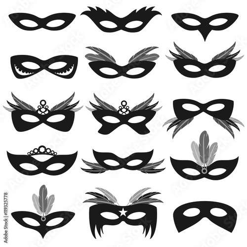 Black carnival party face masks isolated on white vector set