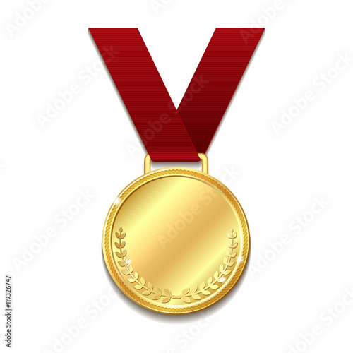 Vector gold medal on red ribbon.