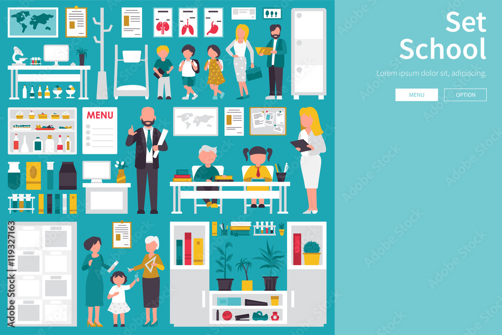 School Big Collection in flat design concept. Furniture and People Set ...