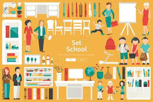 School Big Collection in flat design concept. Furniture and People Set Interior Elements