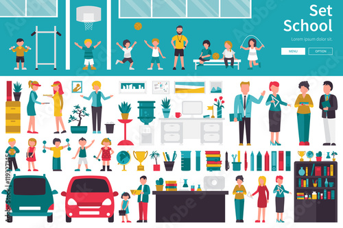 School Big Collection in flat design concept. Furniture and People Set Interior Elements