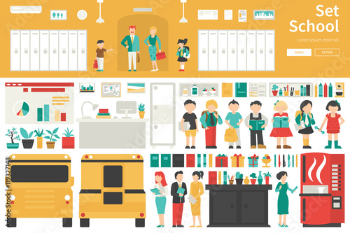 School Big Collection in flat design concept. Furniture and People Set Interior Elements