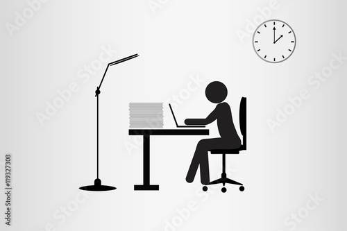Illustration of tired man working on computer on gray background