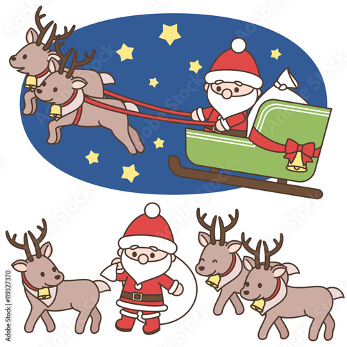 デフォルメサンタクロースとトナカイのセット　クリスマス素材　白背景・ベクター © Nontynet