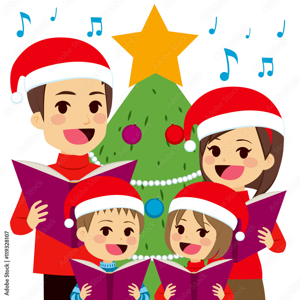 Happy family singing carols in front of Christmas tree at home Happy family singing carols in front of Christmas tree at home