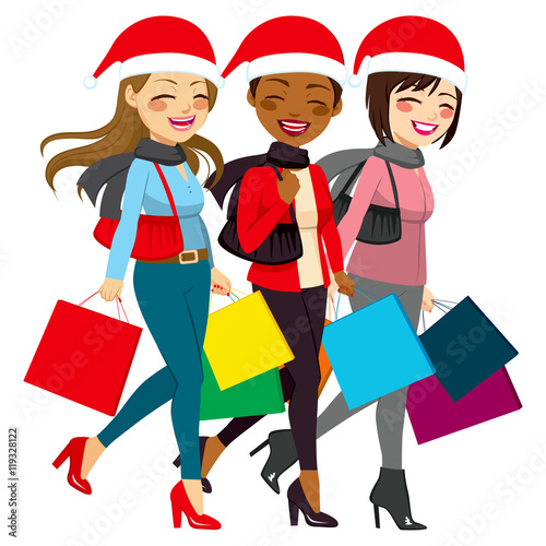 Beautiful friends women from different ethnicities going shopping Christmas sales