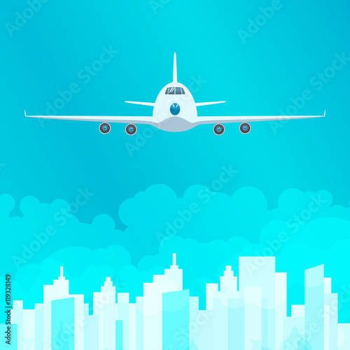 Plane in the Sky on Background of the City, Front View of Airplane, Vector Illustration