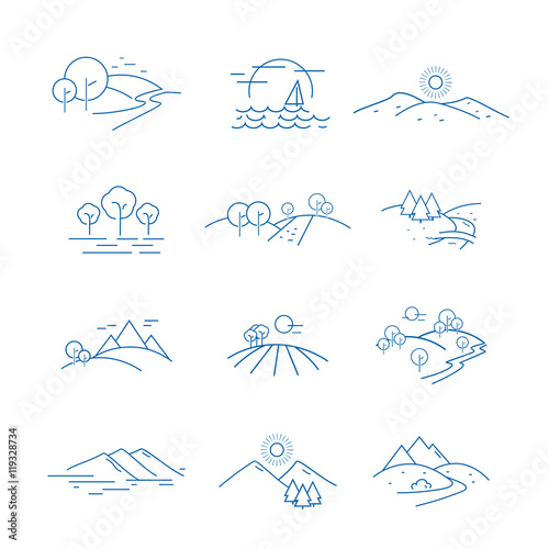 Landscape Icons Set - Isolated On White Background. Vector Illustration, Graphic Design. For Web, Websites, Print