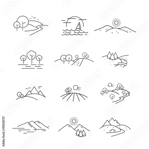 Landscape Icons Set - Isolated On White Background. Vector Illustration, Graphic Design. For Web, Websites, Print