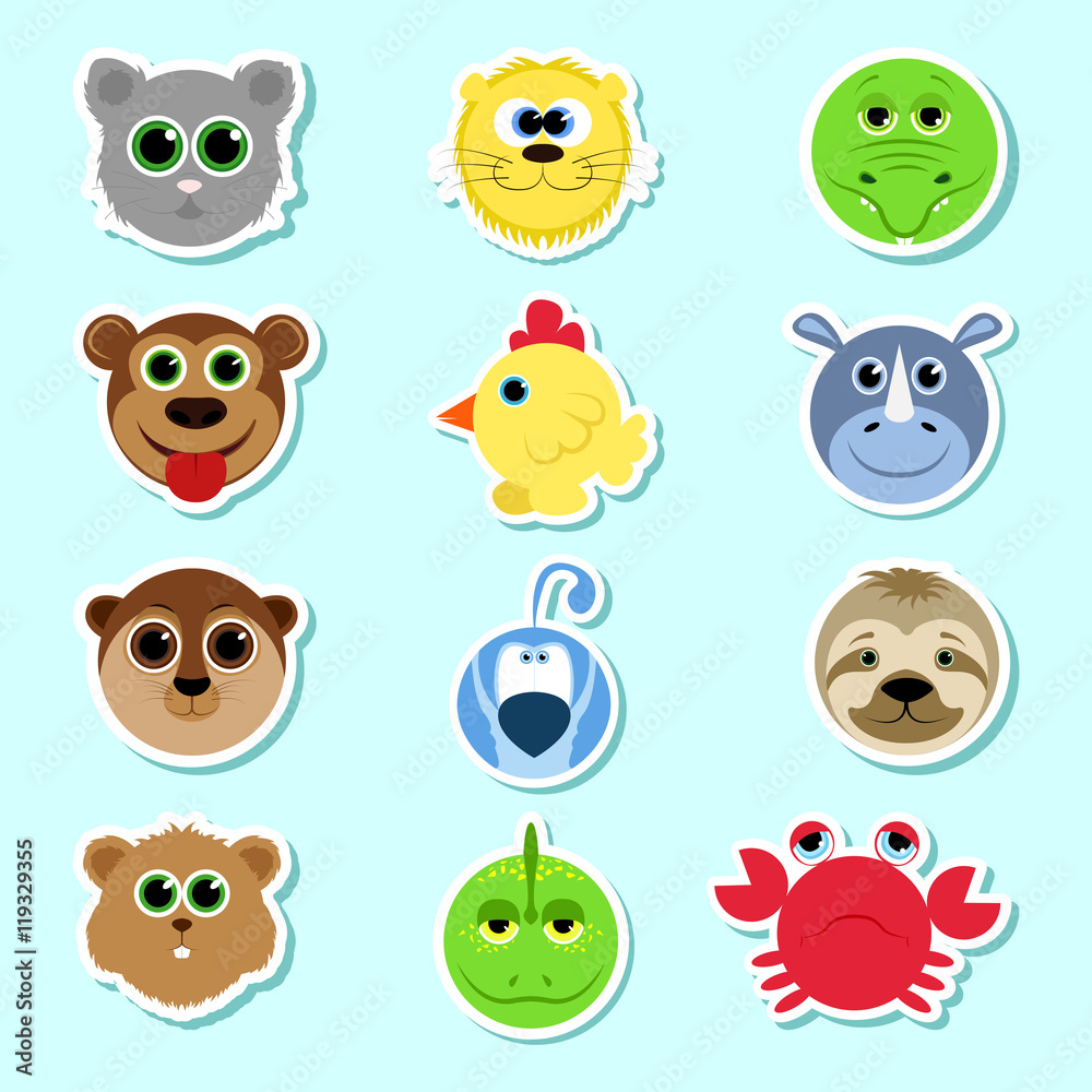 Set of stickers. Set of cute cartoon animals. Set 3. Lion, crocodile, monkey, chicken, rhino, bird, koala, hamster, lizard, cancer. Set of stickers. Set of cute cartoon animals. Set 3. Lion, crocodile, monkey, chicken, rhino, bird, koala, hamster, lizard, cancer.