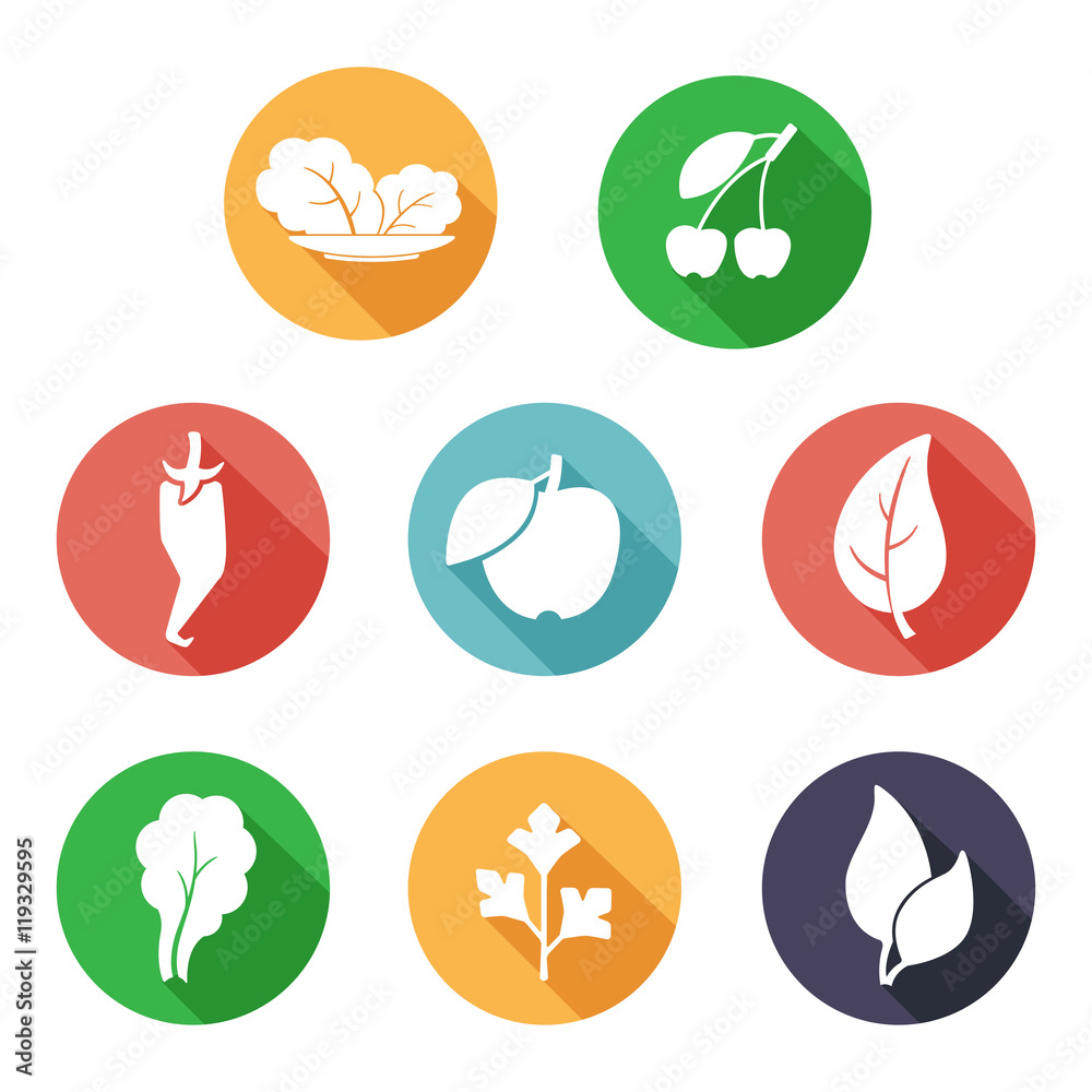Leaves, fruit and vegetables icons. Flat style Leaves, fruit and vegetables icons. Flat style