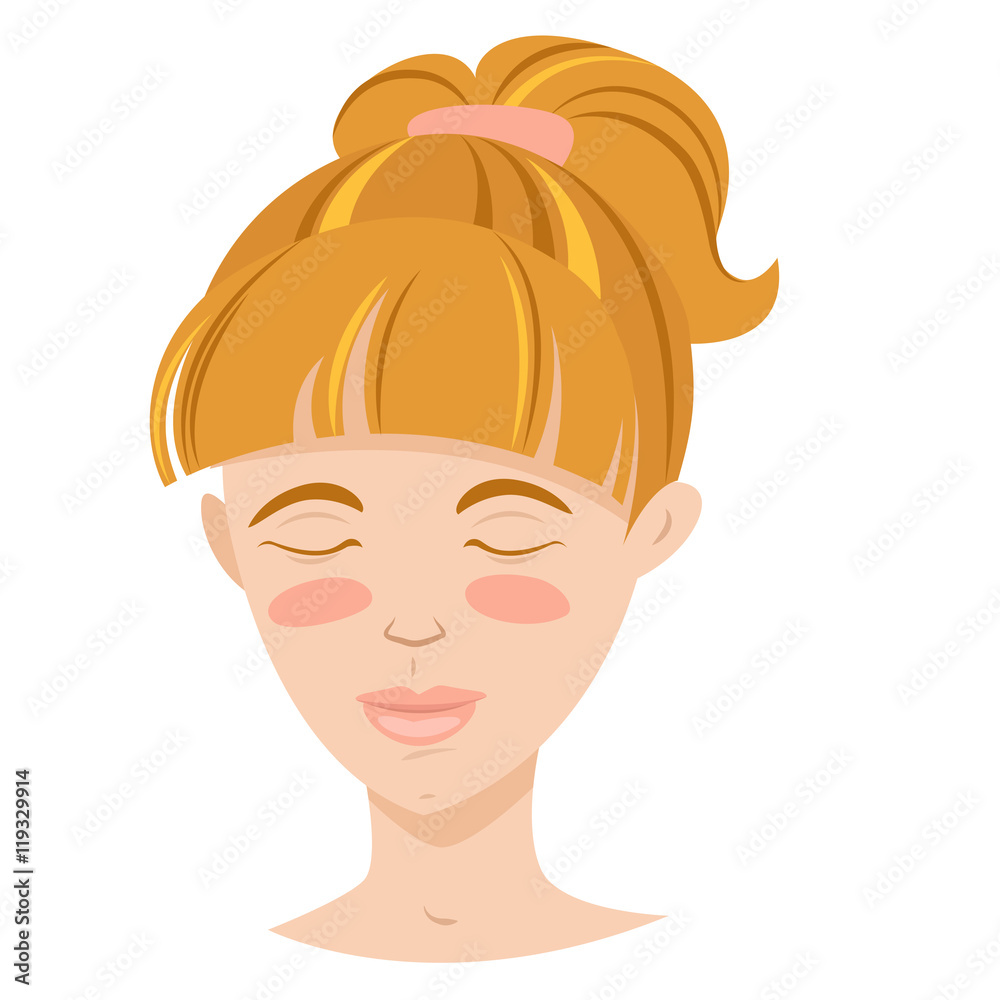 Blonde smiling young woman with hair tail. Eyes closed Blonde smiling young woman with hair tail. Eyes closed