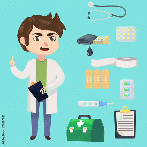 Medical staff character. Young man doctor. Therapist in uniform. Medicine objects flat cartoon style. Vector illustration.