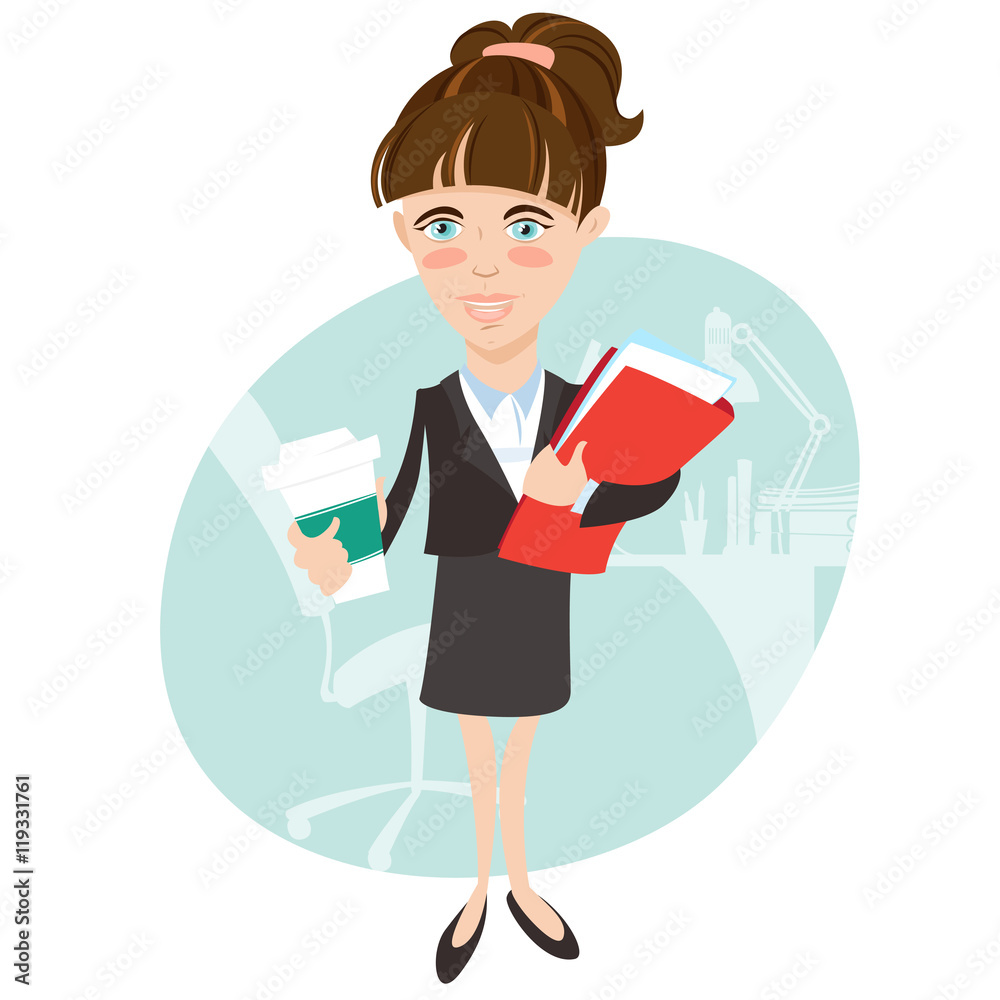Businesswoman with document folder and cup of coffee. Flat style Businesswoman with document folder and cup of coffee. Flat style