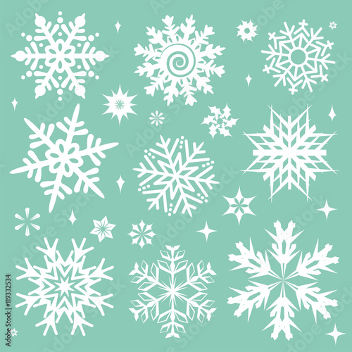 White snowflakes icon on green background.