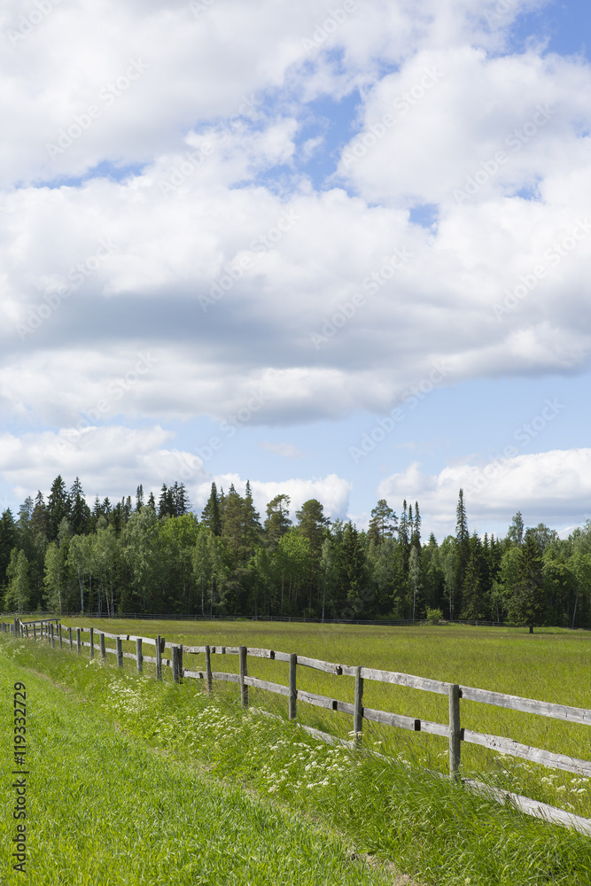 Wooden fence on a green field with blue sky and clouds. Image taken on a sunny day in Finland.
