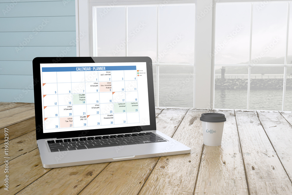 laptop with planner calendar on screen with port background and Stock ...