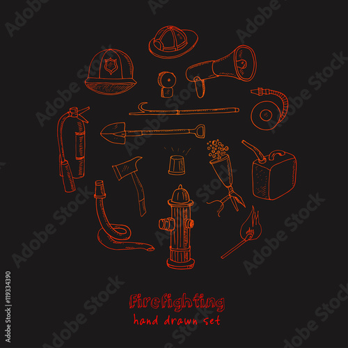 Doodle fire fighting tools set Vintage illustration