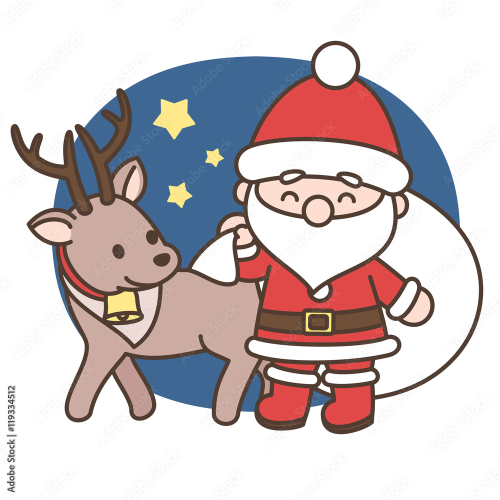 デフォルメサンタクロースとトナカイのイラスト 夜 クリスマス素材 白背景 ベクター Stock Vector Adobe Stock