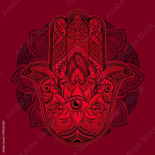 Hand drawn Ornate amulet Hamsa Hand of Fatima. Ethnic amulet common in Indian, Arabic and Jewish cultures.