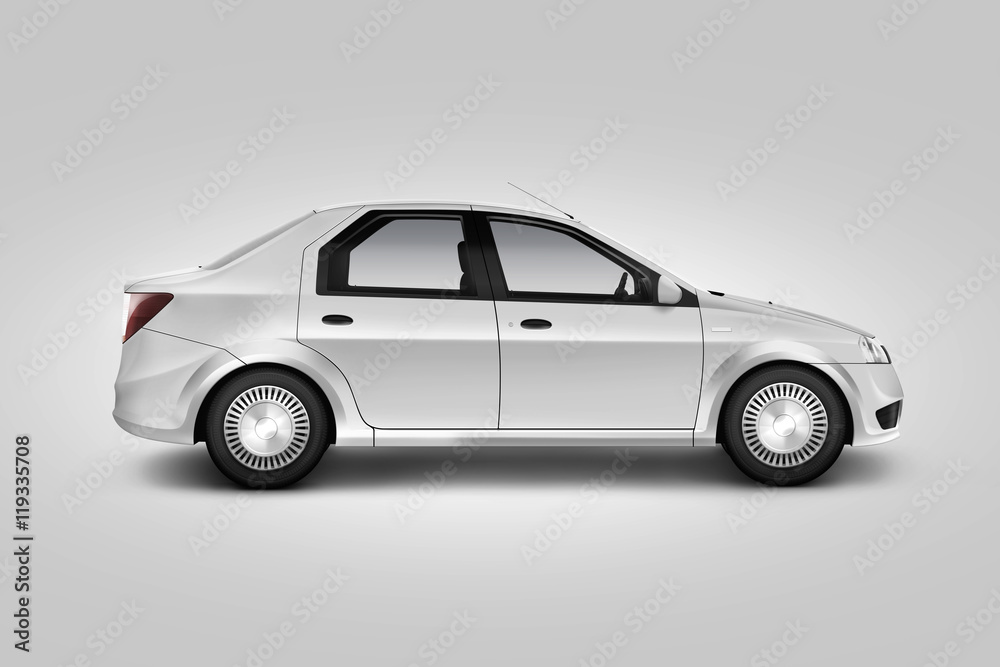 Blank white car design mockup, isolated, side view, clipping path, 3d illustration. Auto body mock up profile. Plain vechicle corporate branding. Sedan motor car presentation. Simple city machine
