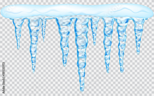 Hanging translucent icicles with snow in light blue colors on transparent background. Transparency only in vector file