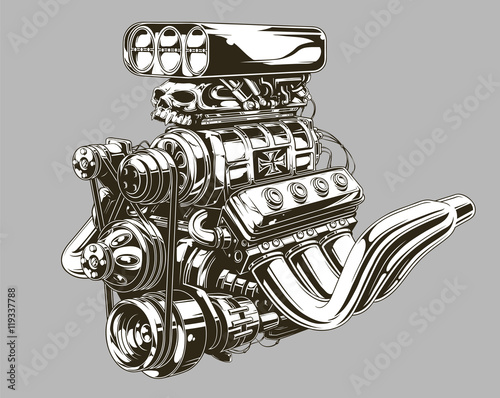 Fototapete Detailed hot road engine with skull tattoo