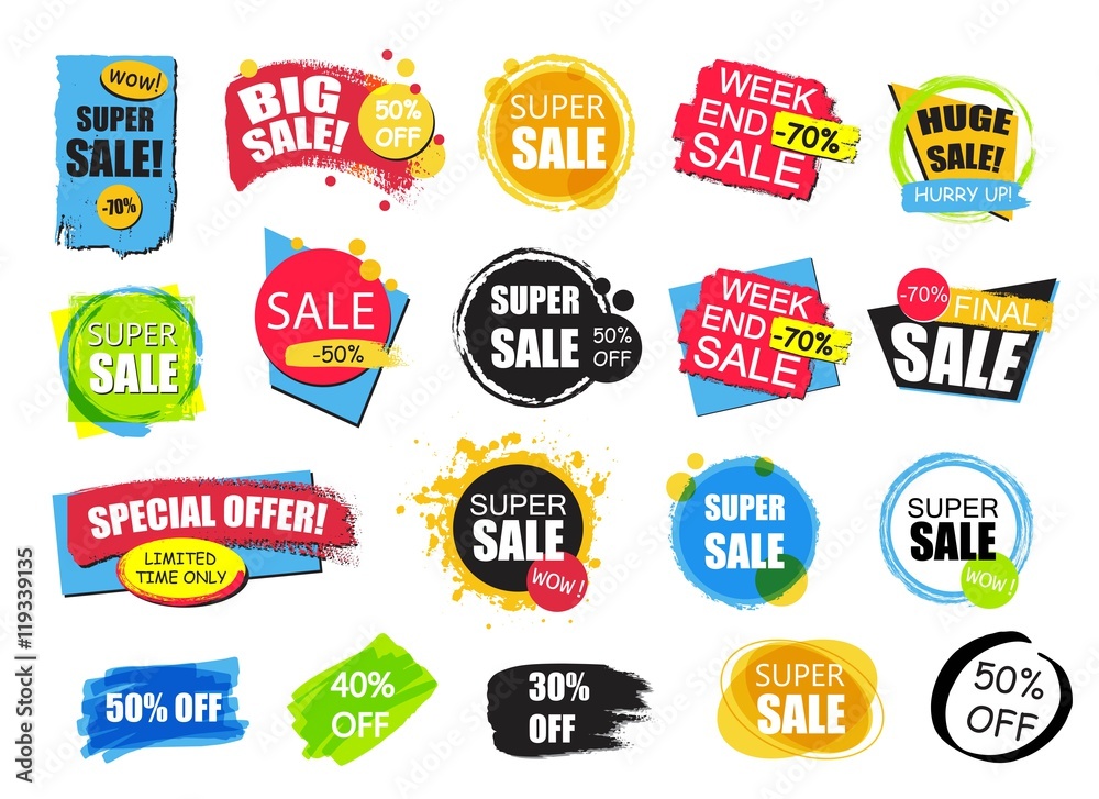 Set of flat modern and hand drawn design sale stickers. Collection of colorful vector illustrations for online shopping, product promotions, website badges, ads, flyers.