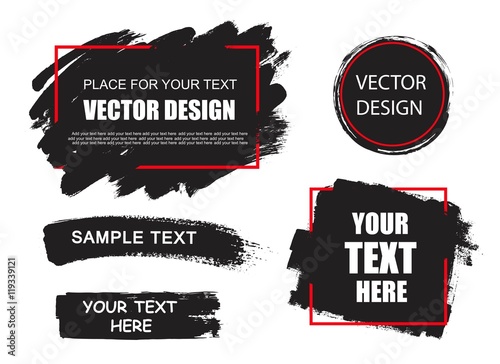 Vector set of grunge artistic brush strokes, design elements. Empty black backgrounds, banners, stickers, frames for text, quote, message, advertisement.
