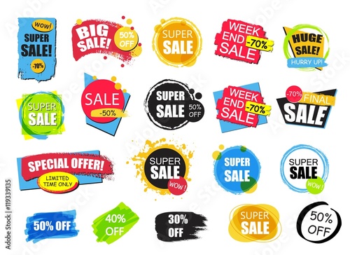 Set of flat modern and hand drawn design sale stickers. Collection of colorful vector illustrations for online shopping, product promotions, website badges, ads, flyers. photo