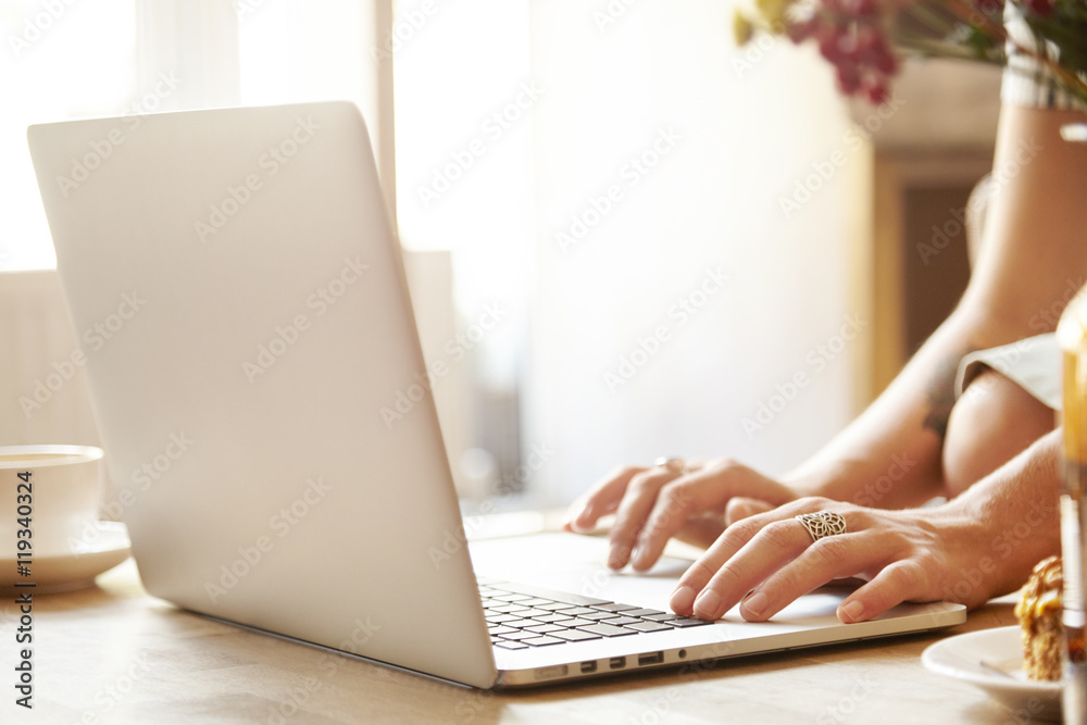 Fototapeta premium Young housewife using computer for shopping online, surfing Internet. Woman typing message on laptop keyboard, communicating with her friends via social networks, sitting at home, enjoying cup of tea