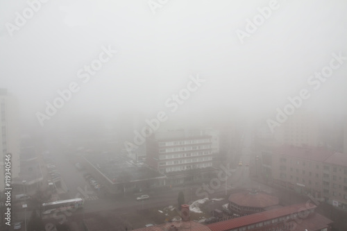 Top view of the city Kouvola in fog photo