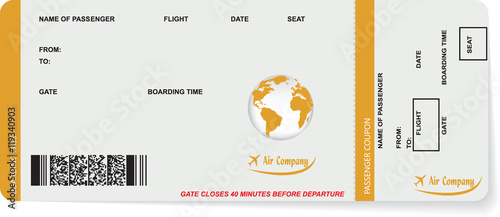 Pattern of airline boarding pass ticket with QR2 code. Concept of travel, journey or business. Isolated on white. Vector illustration