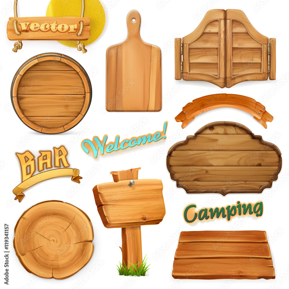 Naklejka premium Wooden sign set. Template for logo, emblem. 3d vector