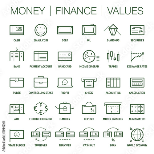 Icons set of money, finance and values area. Thick and thin lines. Colored on white.