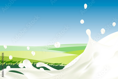 Rural landscape with blue sky and splash of milk. Morning sun and dawn. Realistic Cream with drops against green meadow with grass. white yogurt. idealistic picture. for packaging, branding.