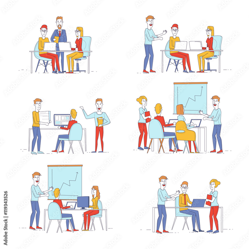 Business characters thin line. Co working people, meeting, teamwork, collaboration and discussion, presentation of the project, brainstorm. Workplace. Office life. Flat design vector illustration.