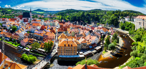 Aerial view of castle and houses in Cesky Krumlov, Czech republic